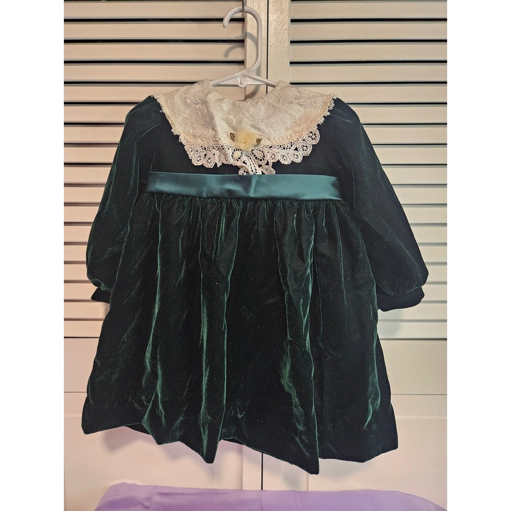 Peaches n Cream Toddler Girls Green Velvet Lace Collar Holiday Dress 2T 29105